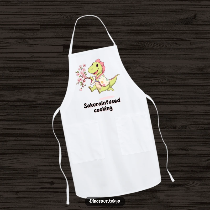 Funny happy dinosaur in a patterned kimono leaping while holding a sakura branch, a humorous and practical kitchen apron.