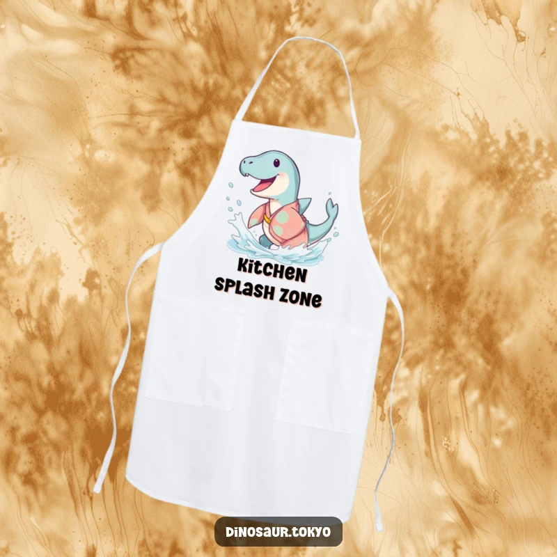 Funny Ichthyosaurus Kimono Apron showing a happy ancient sea creature in a flowing kimono, doing a joyful splash for humorous kitchen wear.