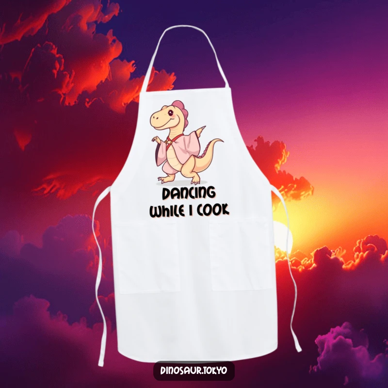 Funny Apron: A dinosaur in a silk kimono dances gracefully, making this apron a humorous and practical kitchen accessory.