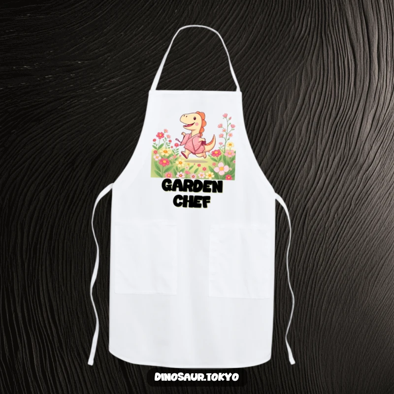 Funny apron with a joyful dinosaur in a kimono skipping through blooming flowers, adding humor and charm to cooking.