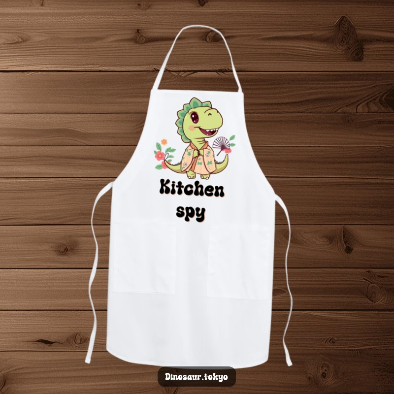 Funny apron with a curious dinosaur wearing a floral kimono, peeking from behind a decorative fan with a playful expression.