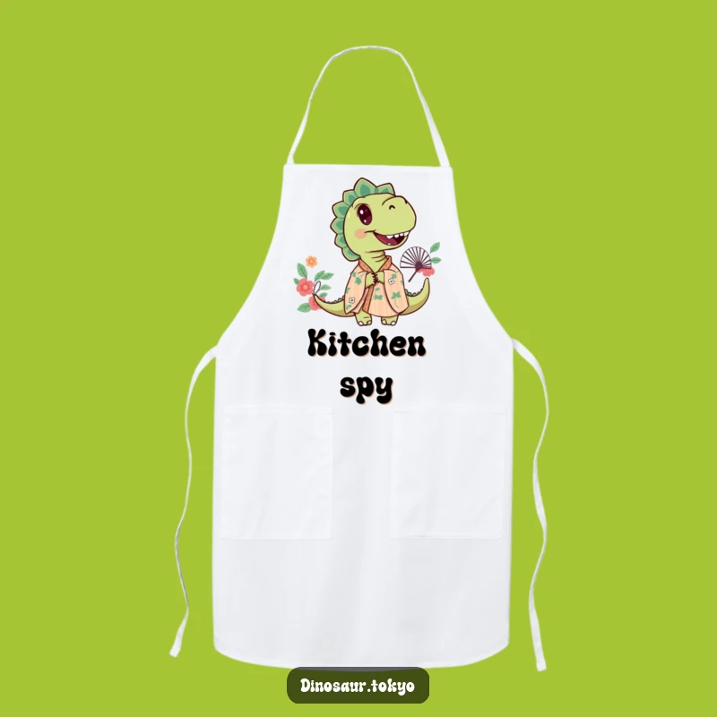 Funny Curious Dino Apron, Floral Kimono Art, Kitchen Peekaboo Fun Gift