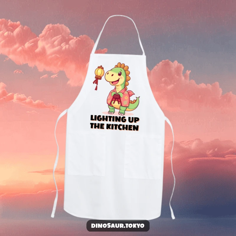 Funny Apron: A joyful dinosaur in a vibrant kimono holds a lantern aloft, making this apron a humorous and bright kitchen essential.