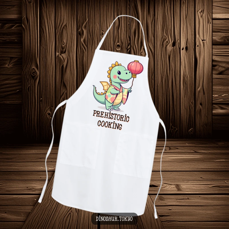 Funny dinosaur in a vibrant kimono twirling a paper lantern, a fun and artistic apron for kitchen enjoyment.