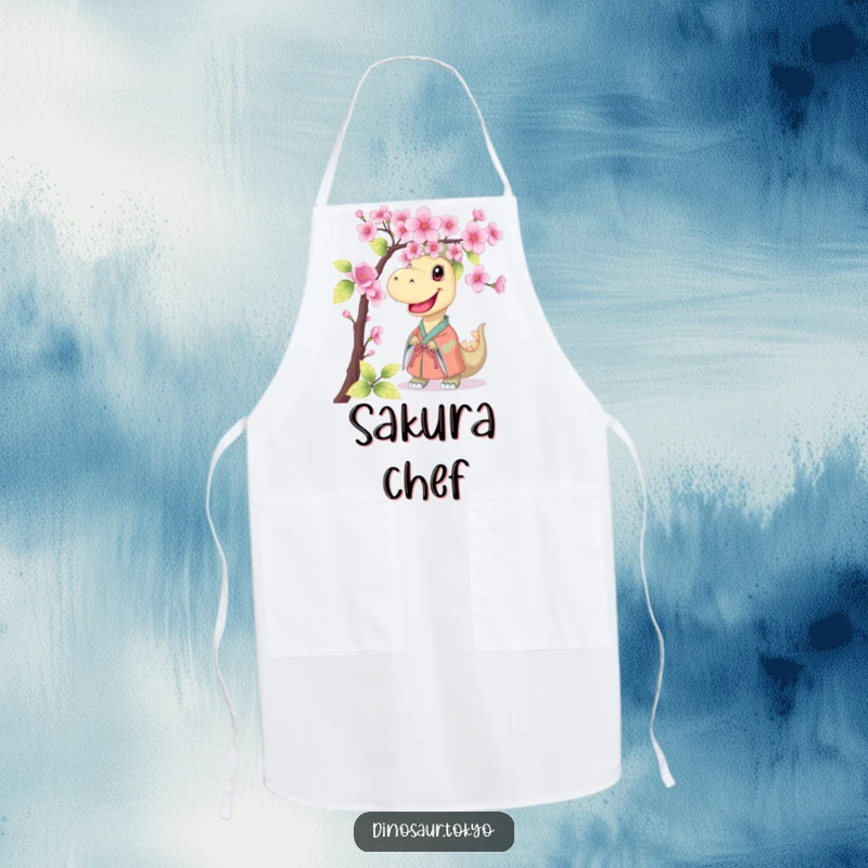Funny apron featuring a smiling dinosaur in a kimono, peeking from behind cherry blossoms, adding humor to kitchen activities.
