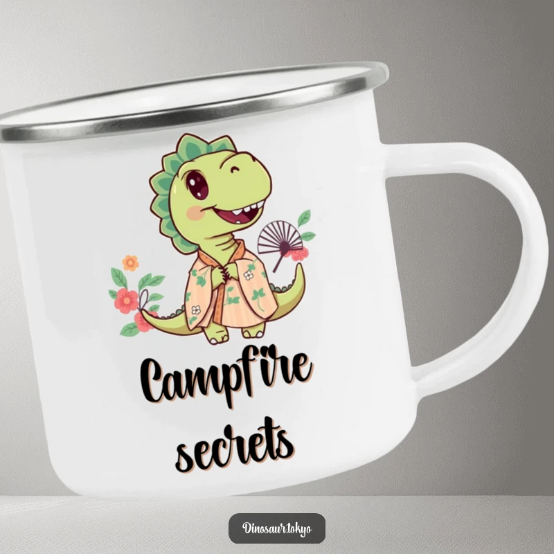 Funny camping mug with a curious dinosaur in a floral kimono, peeking from behind a decorative fan, outdoor ready.