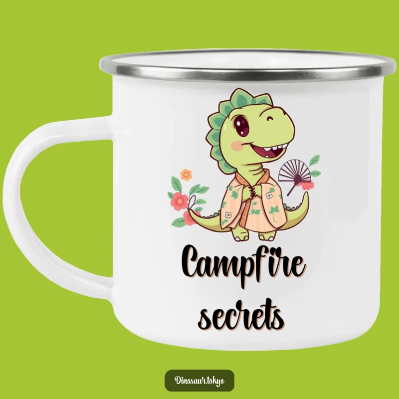 Funny Curious Dino Camping Mug, Floral Kimono Art, Outdoor Peekaboo Gift