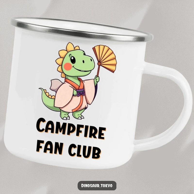 Funny cheerful dinosaur in a layered kimono gracefully swaying a fan, a durable and humorous camping mug.