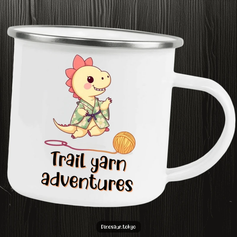 Funny dinosaur in a floral kimono playfully kicking a ball of yarn, a durable and humorous camping mug.