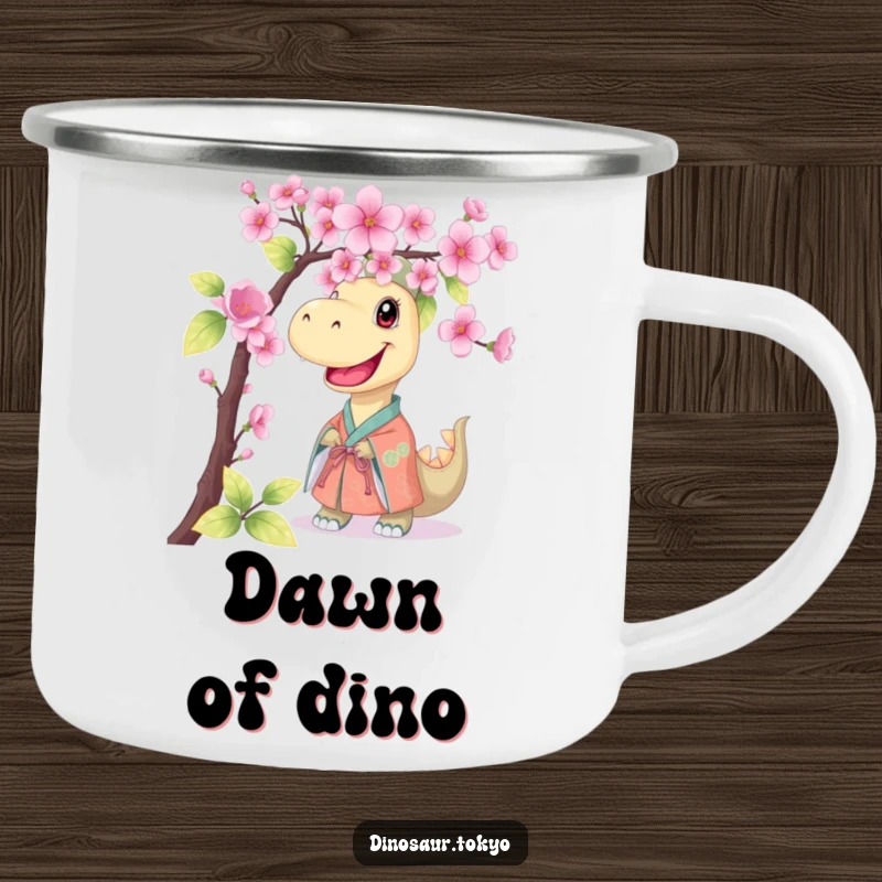 Funny camping mug with a smiling dinosaur in a kimono, peeking from behind cherry blossoms, ideal for outdoor use with a humorous design.