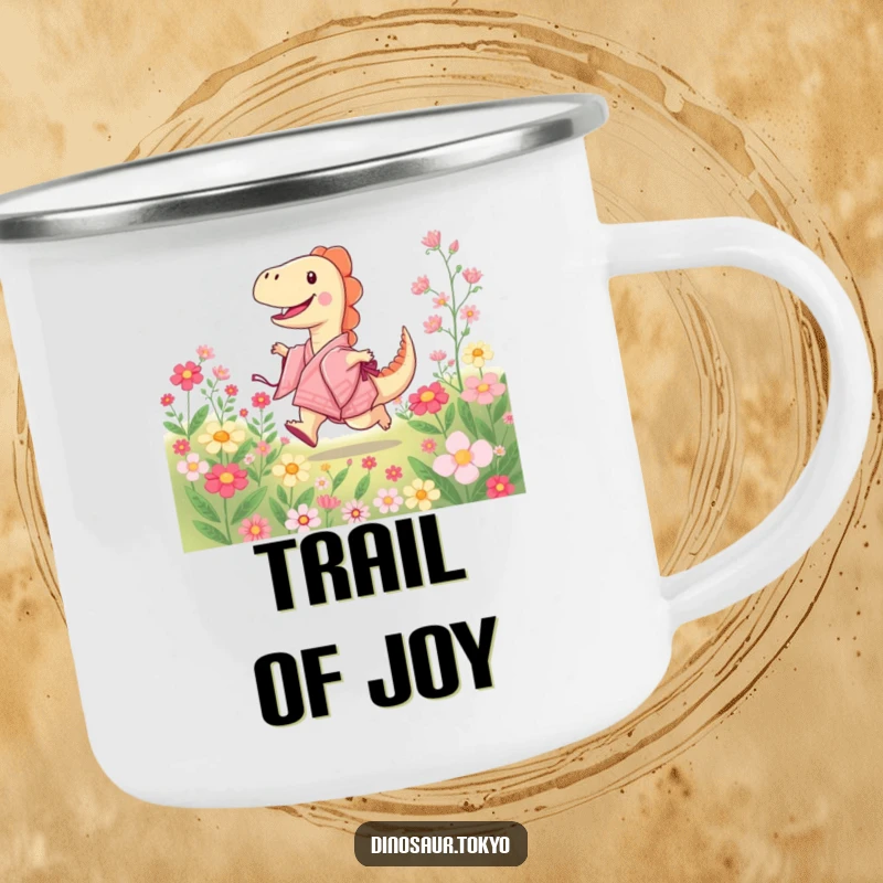 Funny camping mug with a joyful dinosaur in a kimono skipping through blooming flowers, ideal for outdoor use with a cheerful design.