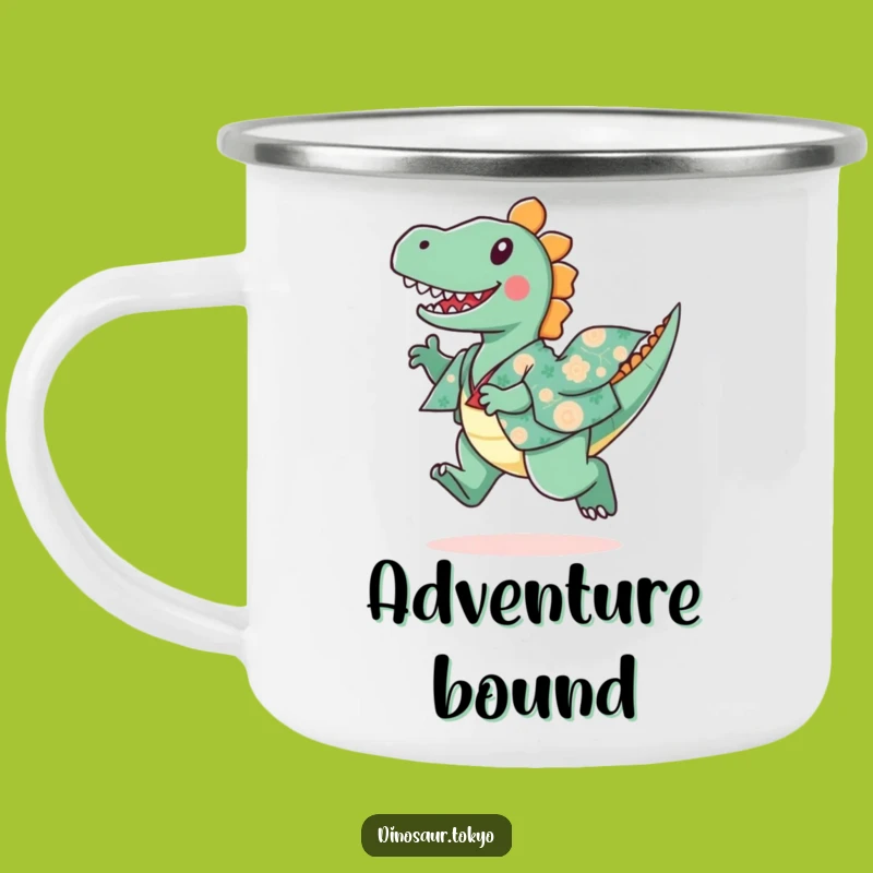 Funny Dinosaur Kimono Camping Mug, Playful Dino Art, Adventure Ready Gift