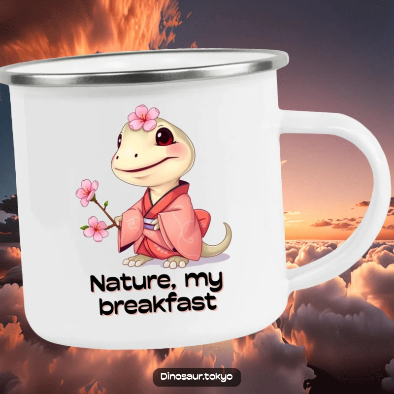 Funny Compsognathus Kimono Camping Mug featuring a grinning tiny dinosaur in a small kimono, offering a cherry blossom for humorous outdoor enjoyment.