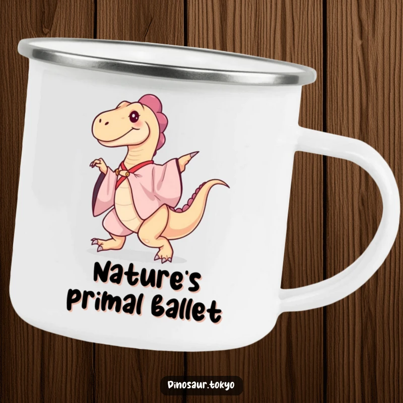 Funny Camping Mug: A dinosaur in a silk kimono dances gracefully around this durable mug, perfect for outdoor humor.