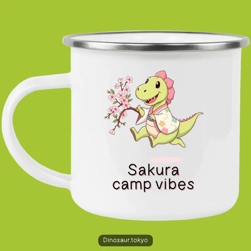 Funny Dino Kimono Camp Mug: Happy Sakura Leap Adventure Drinkware