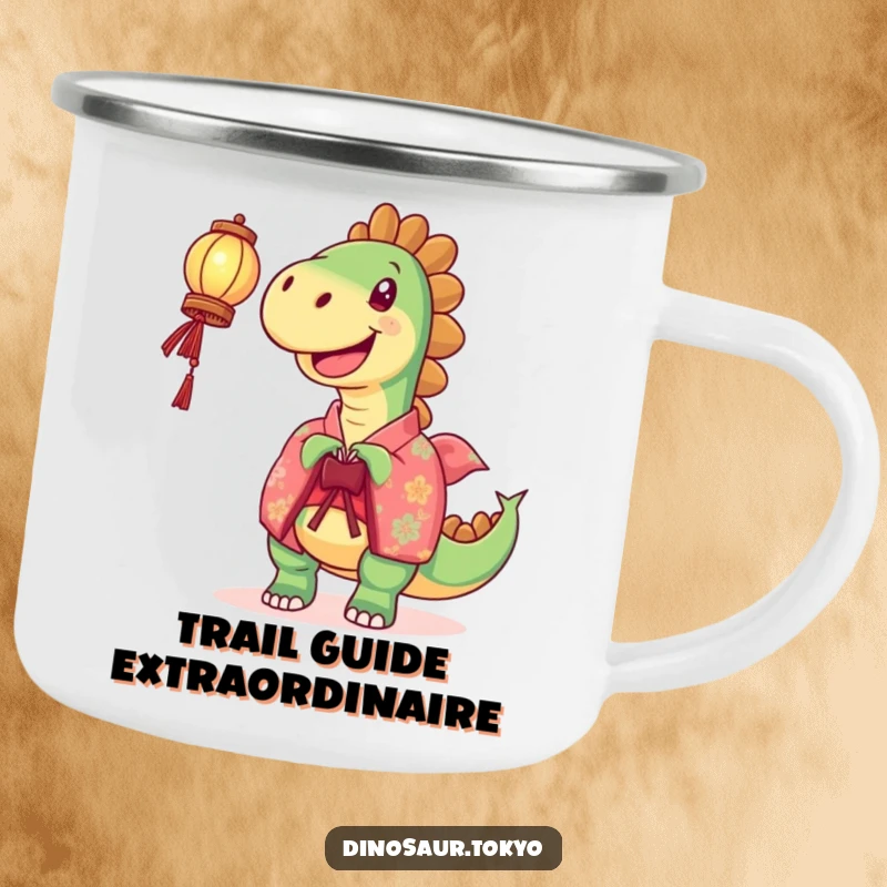 Funny Camping Mug: A joyful dinosaur in a vibrant kimono holds a lantern, perfect for illuminating outdoor adventures humorously.