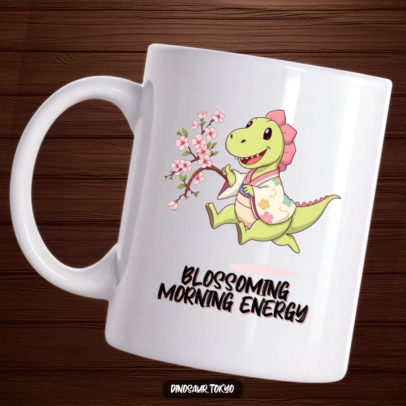 Funny happy dinosaur in a patterned kimono leaping while holding a sakura branch, a joyful and humorous mug.