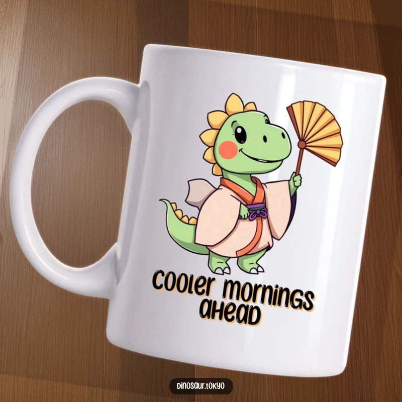 Funny cheerful dinosaur in a layered kimono gracefully swaying a fan, elegant and humorous mug design.