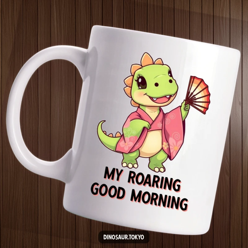 Funny Mug featuring a cute dinosaur in a colorful kimono happily twirling a fan, radiating joy and whimsy, a great funny gift.