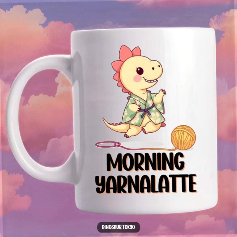 Funny dinosaur in a floral kimono playfully kicking a ball of yarn, a whimsical and humorous scene on a mug.