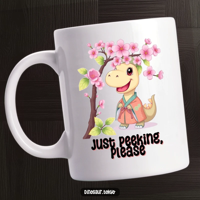 Funny mug featuring a smiling dinosaur wearing a kimono, playfully peeking from behind a blooming cherry blossom branch, conveying cuteness and humor.