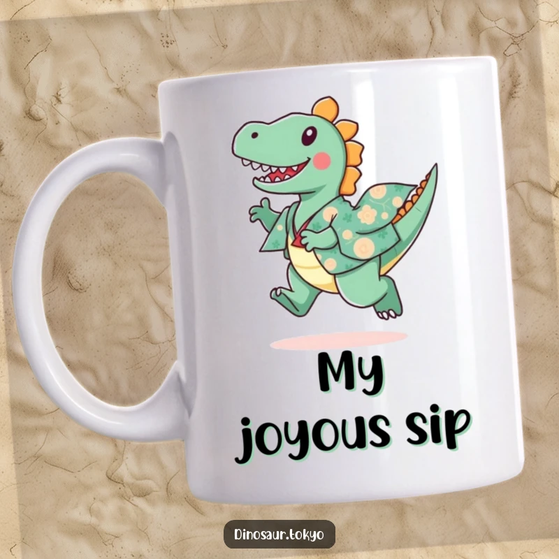 Funny illustration of a playful dinosaur wearing a patterned kimono, leaping joyfully in mid-air.