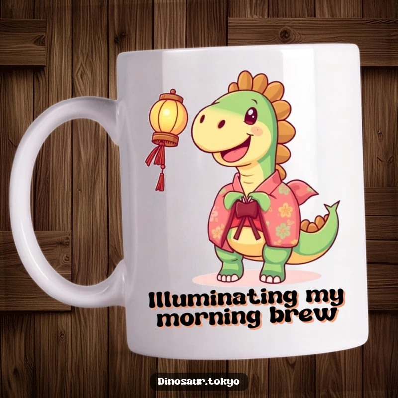 Funny Mug: A joyful dinosaur in a vibrant kimono holds a glowing lantern aloft, spreading light and cheer humorously.