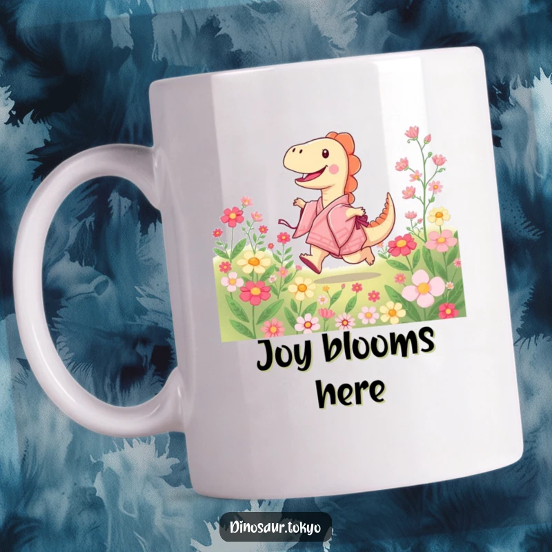Funny mug with a joyful dinosaur in a kimono skipping through blooming flowers, conveying happiness and vibrant energy.