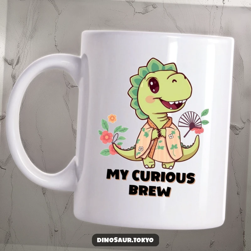 Funny illustration of a curious dinosaur wearing a floral kimono, peeking playfully from behind a decorative fan.