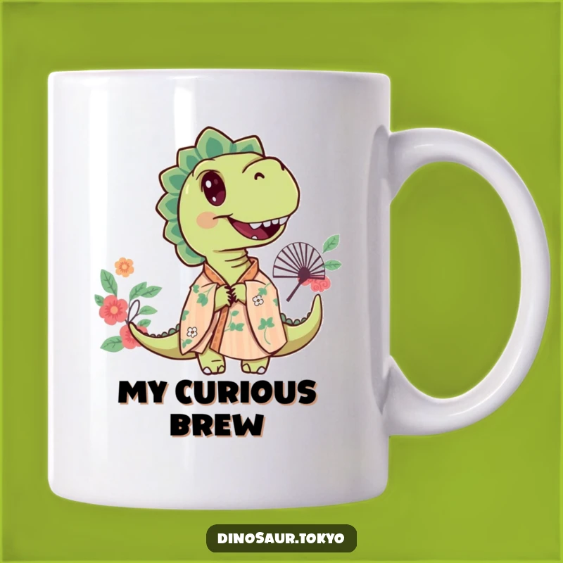 Funny Curious Dino Fan Mug, Floral Kimono Art, Mysterious Peek Gift
