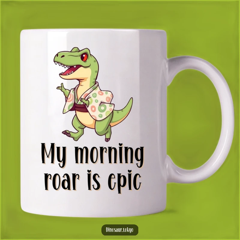 Funny Velociraptor Kimono Leap Mug - Joyful Dinosaur Gift for Collectors
