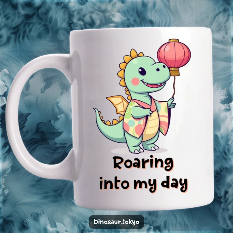 Funny smiling dinosaur in a vibrant kimono twirling a paper lantern, exuding joy and whimsical artistic charm.