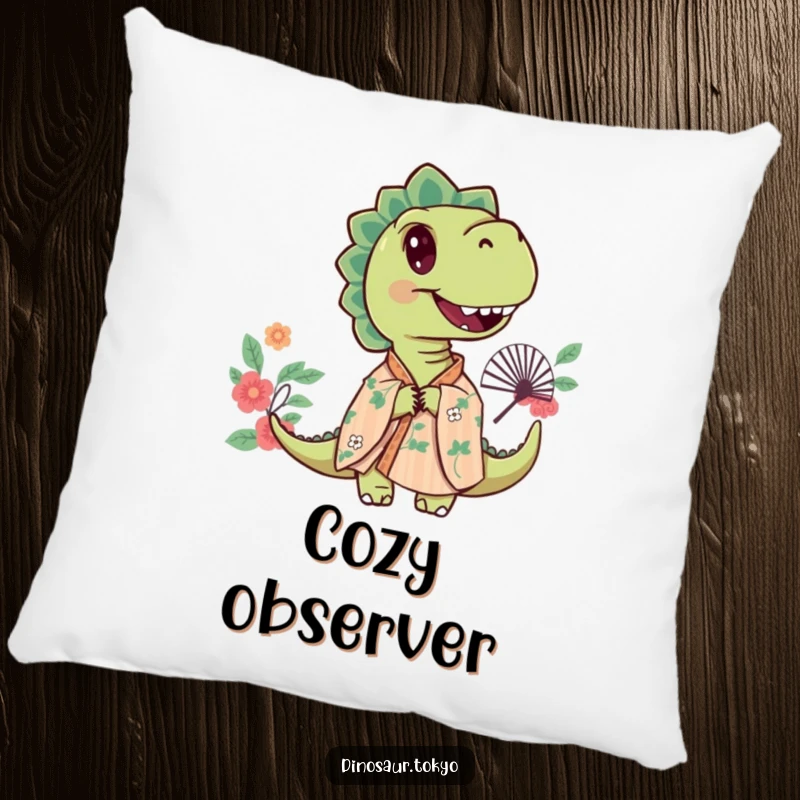 Funny pillow featuring a curious dinosaur in a floral kimono, peeking playfully from behind a decorative fan.