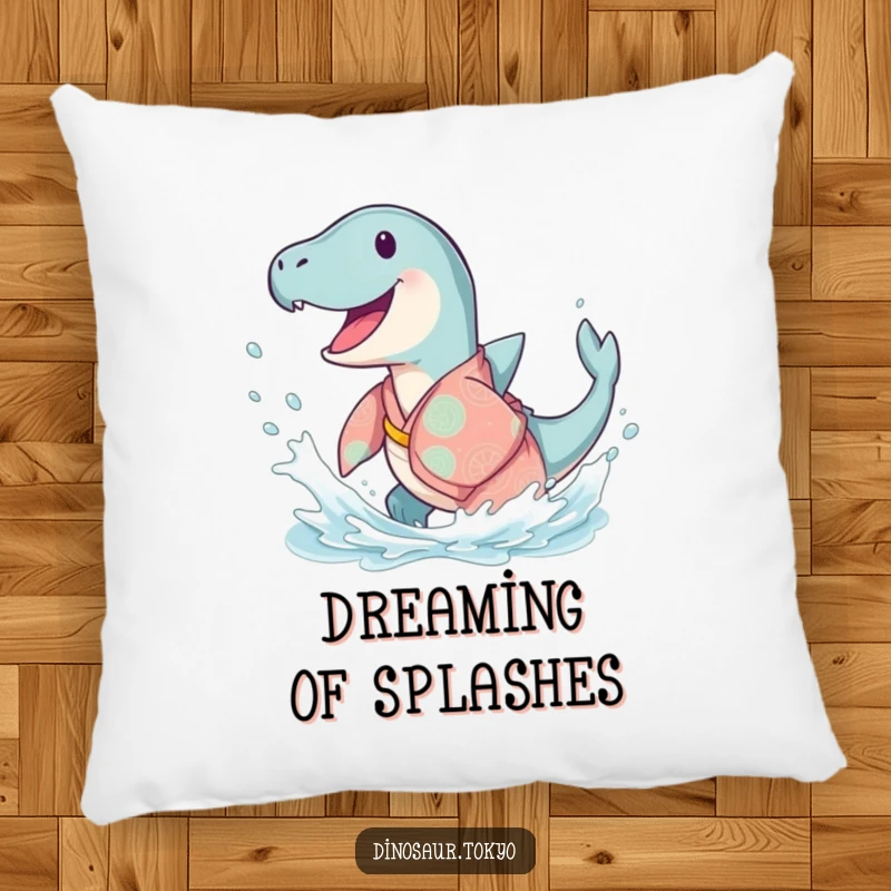 Funny Ichthyosaurus Kimono Pillow featuring a happy ancient sea creature in a flowing kimono, joyfully splashing, perfect for humorous comfort.
