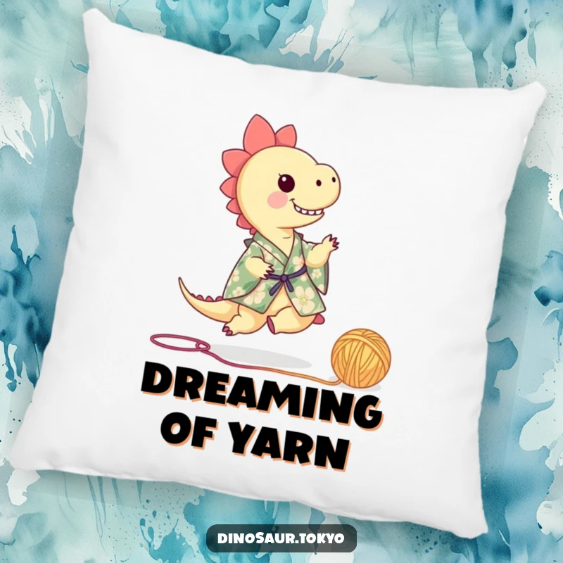 Funny dinosaur in a floral kimono playfully kicking a ball of yarn, a soft and humorous decorative pillow.