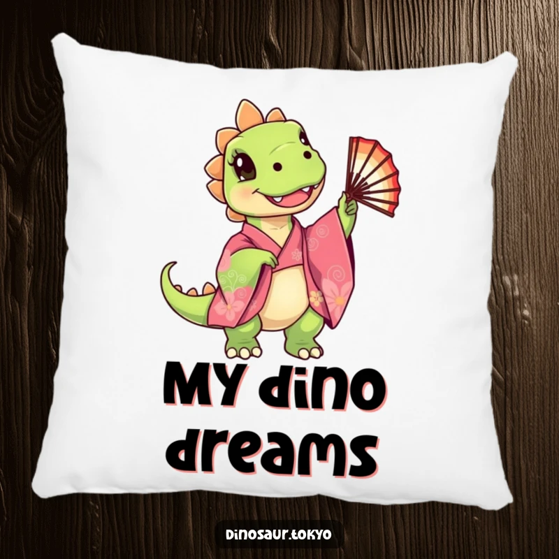 Funny Pillow with a cute dinosaur in a kimono twirling a fan, perfect for cozying up, a lovely funny gift.
