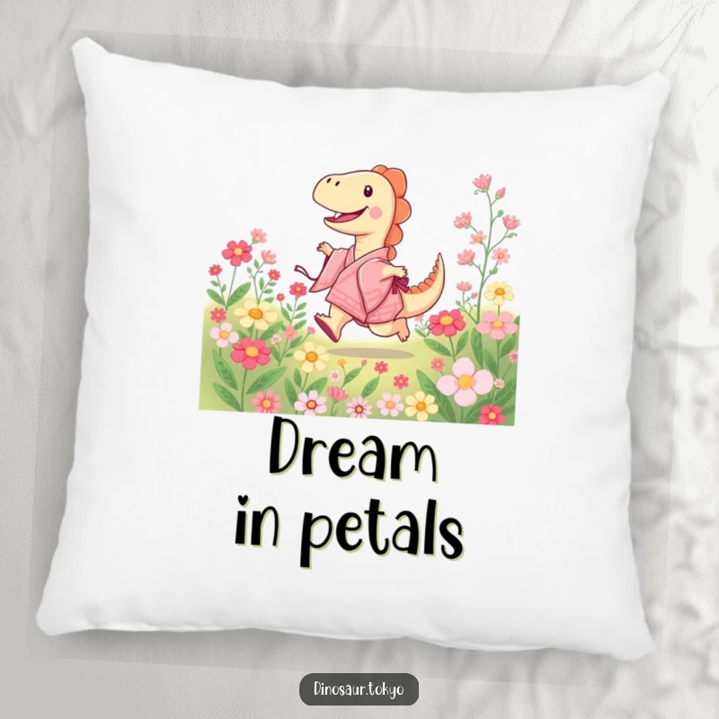 Funny pillow featuring a joyful dinosaur in a kimono skipping through blooming flowers, offering comfort and a cheerful accent.