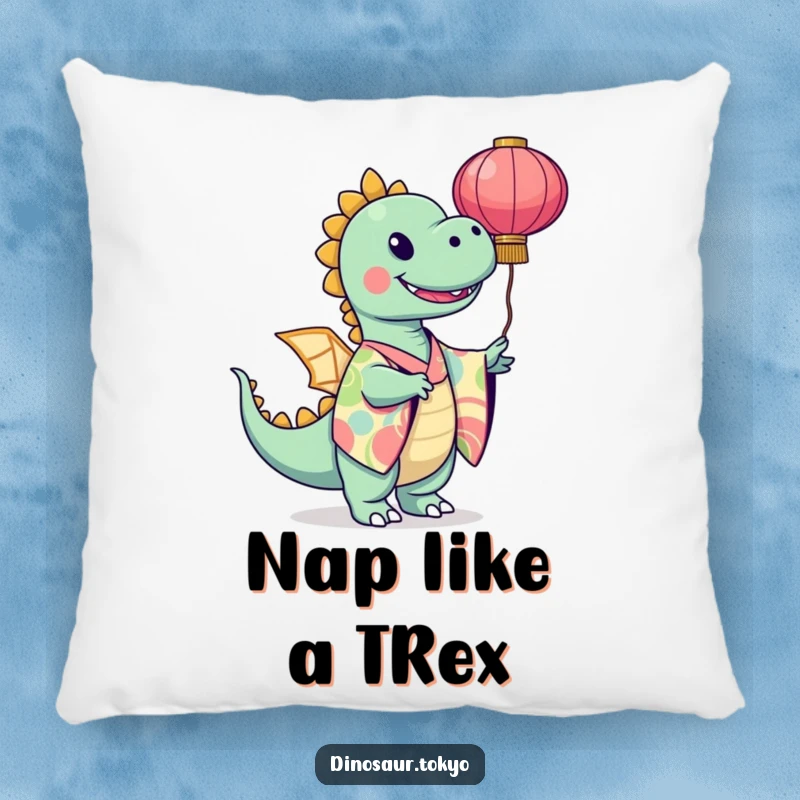 Funny dinosaur in a vibrant kimono twirling a paper lantern, a cozy and artistically joyful cushion for comfort.