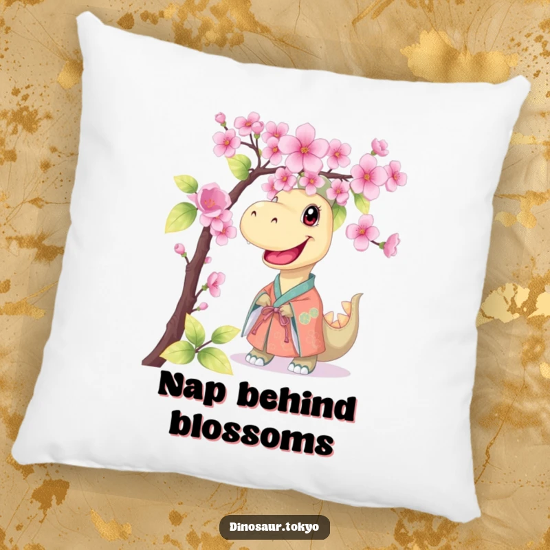 Funny pillow with a smiling dinosaur in a kimono, playfully peeking from behind cherry blossoms, offering comfort and a humorous accent.