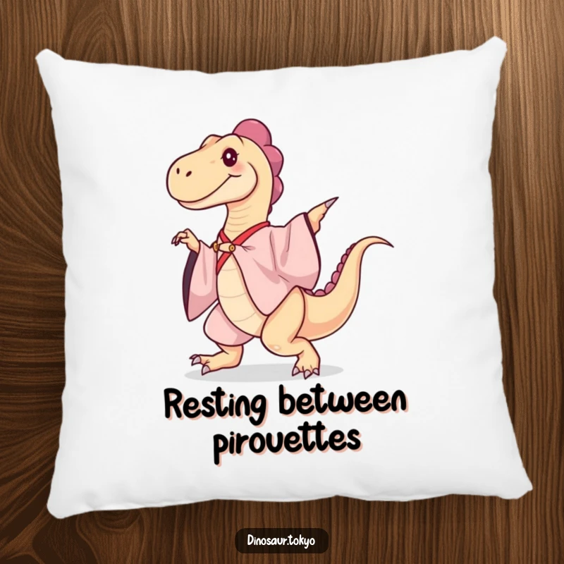 Funny Pillow: A plush pillow features a dinosaur in a silk kimono gracefully dancing, offering humorous comfort and style.