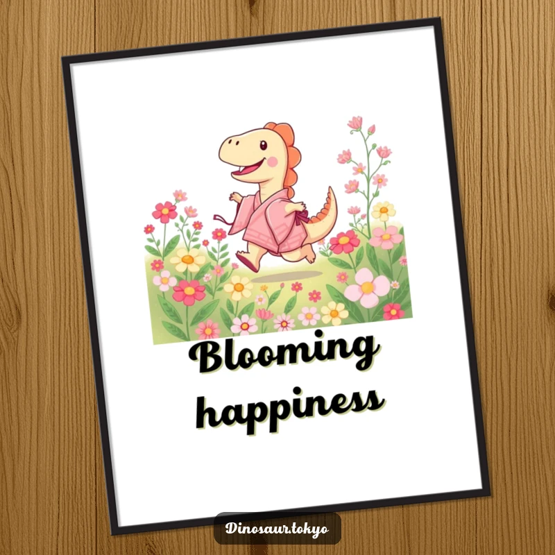 Funny digital art print of a joyful dinosaur in a kimono skipping through blooming flowers, offering instant cheer.
