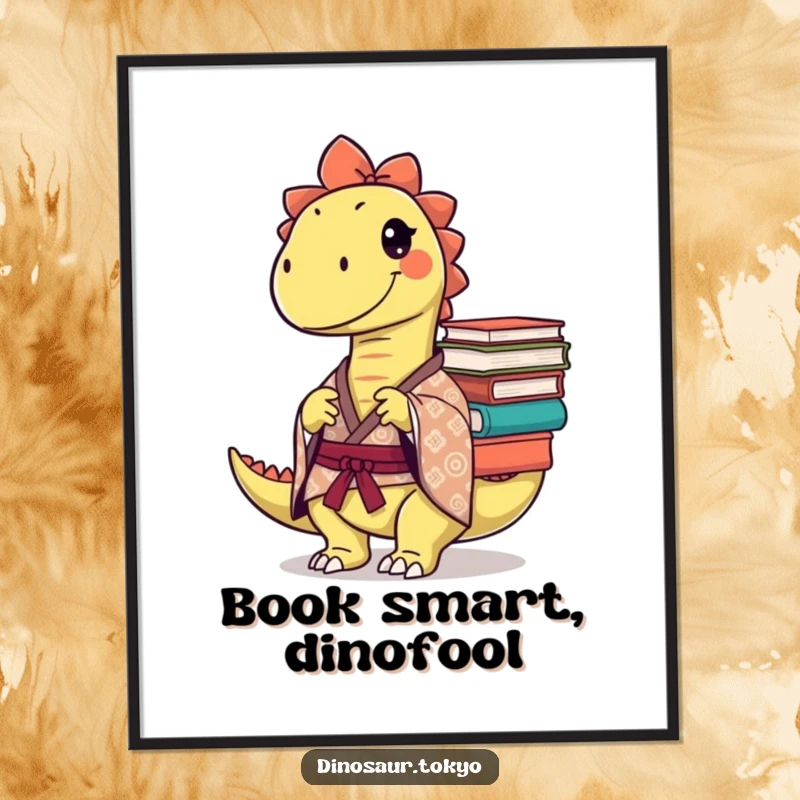 Funny Digital Art Print: A mischievous dinosaur in a patterned kimono balances books, creating a humorous and intelligent piece.