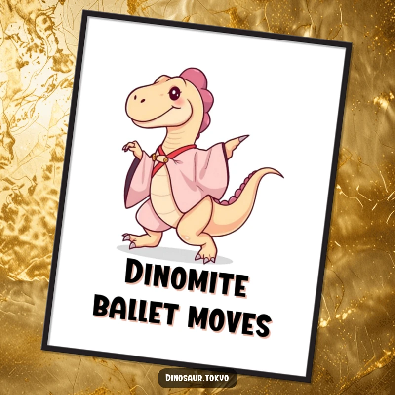 Funny Digital Art Print: A graceful dinosaur in a silk kimono dancing, offering a humorous and elegant piece for instant wall decor.