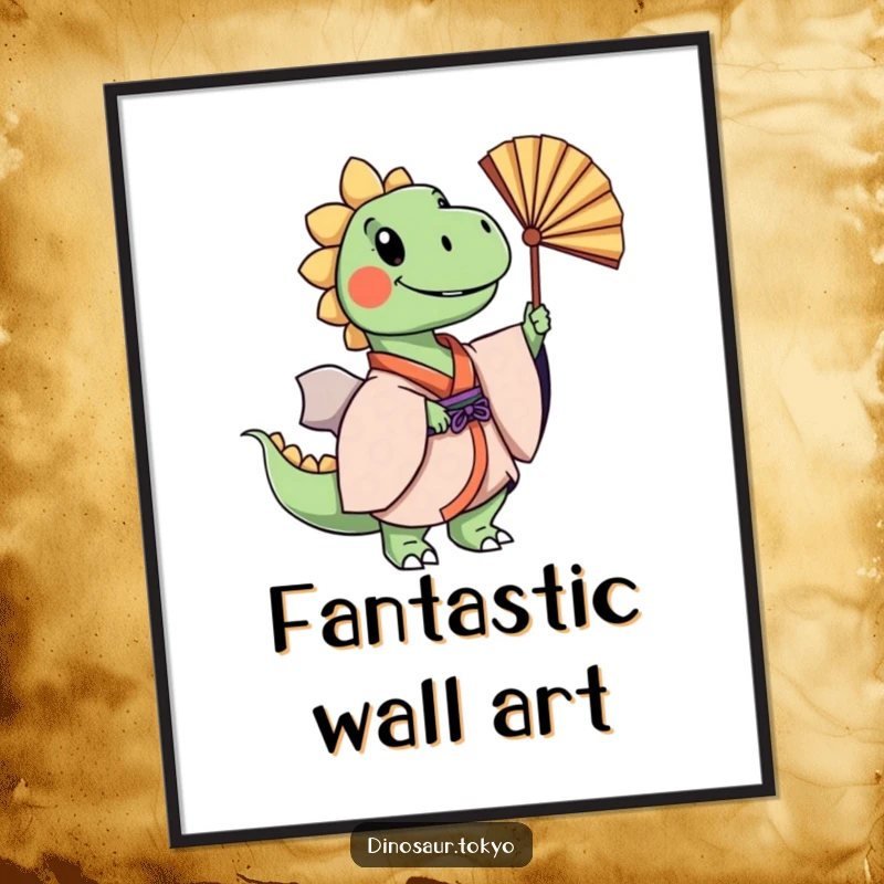 Funny cheerful dinosaur in a layered kimono gracefully swaying a fan, a humorous digital art print for instant decor.