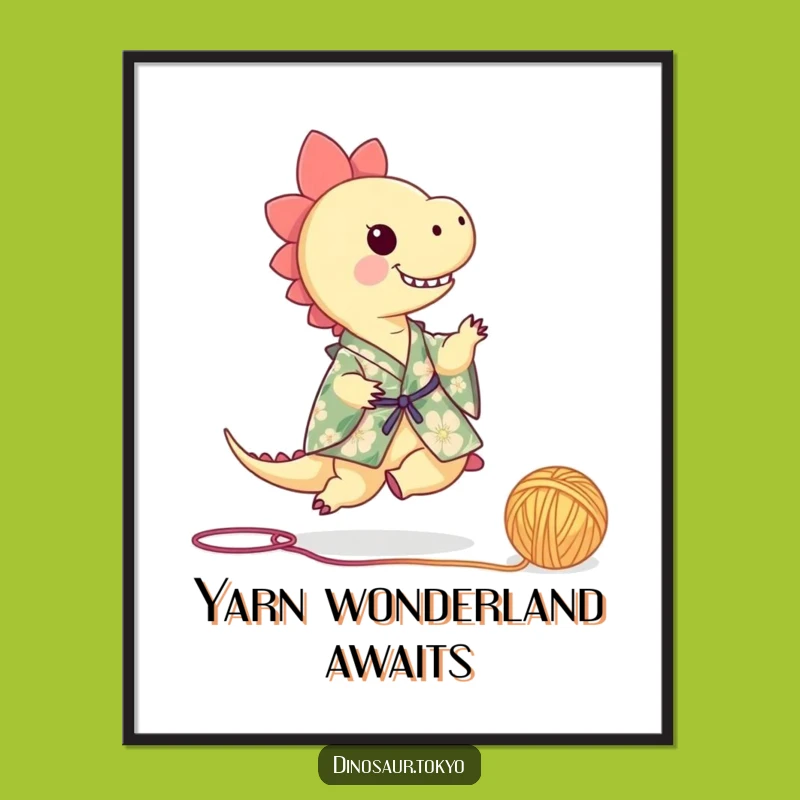 Funny Dino Kimono Digital Art: Playful Yarn Kicking Instant Download Decor