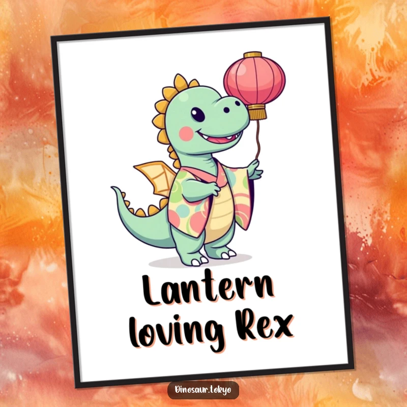 Funny dinosaur in a vibrant kimono twirling a paper lantern, a joyful and artistic digital print for wall decor.