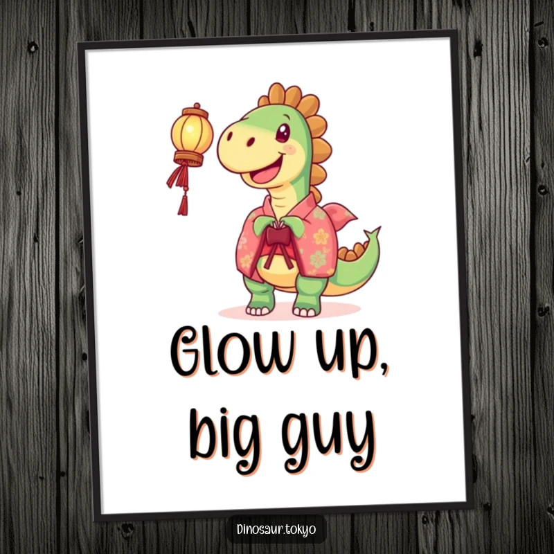 Funny Digital Art Print: A joyful dinosaur in a vibrant kimono holds a lantern aloft, creating a humorous and radiant piece.