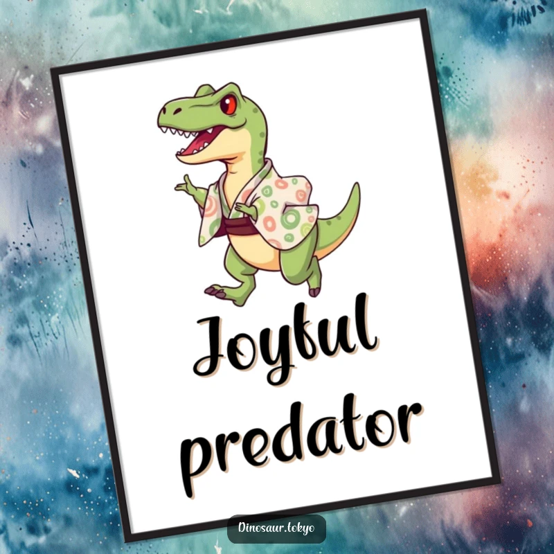 Funny Digital Art Print of a joyful velociraptor in a patterned kimono, captured mid-leap in a triumphant pose.