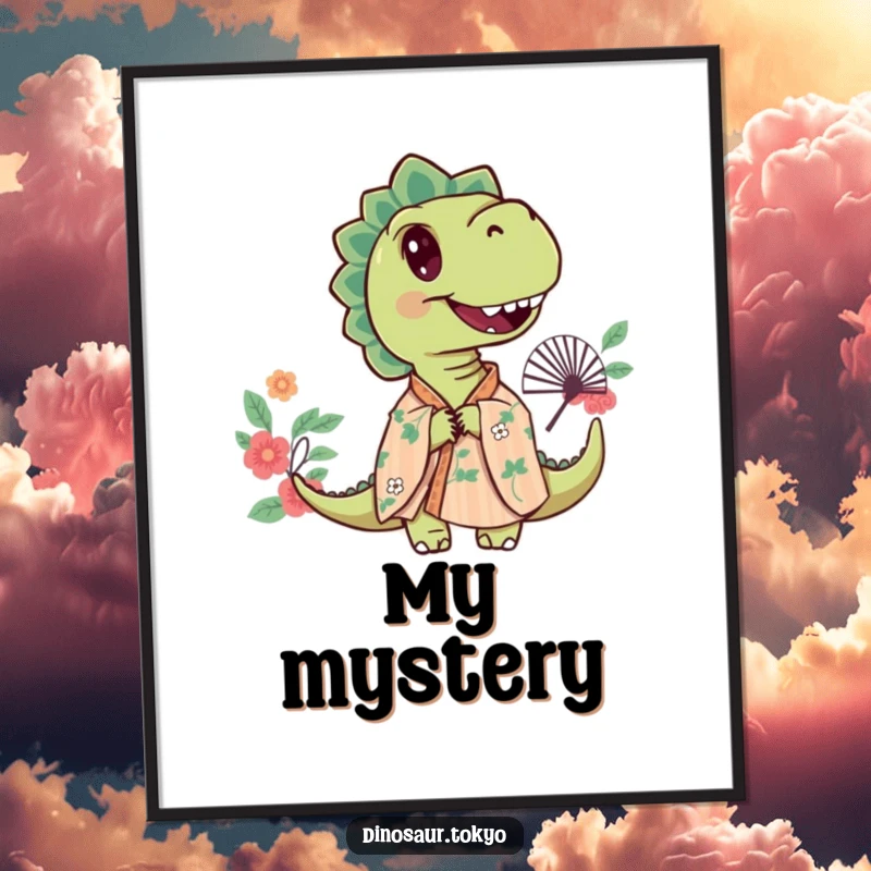 Funny digital art print of a curious dinosaur in a floral kimono, peeking from behind a decorative fan with a playful expression.