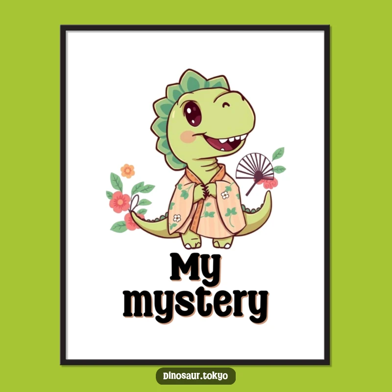 Funny Curious Dino Digital Art, Floral Kimono, Instant Mysterious Decor Gift